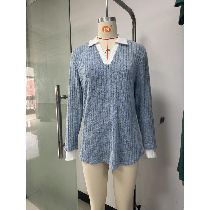 2024 Autumn/Winter New Color Clash Collar Long Sleeve Loose T-Shirt Top For Women