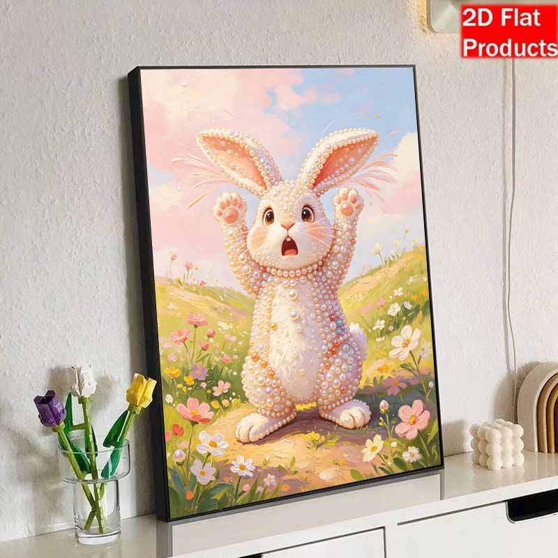 Sparkling Pearl Painting on Stretched Frame Cute Bunny in Flower Field DIY Bead Art Canvas Relaxing Hobby Gift for Craft Lovers Art Piece