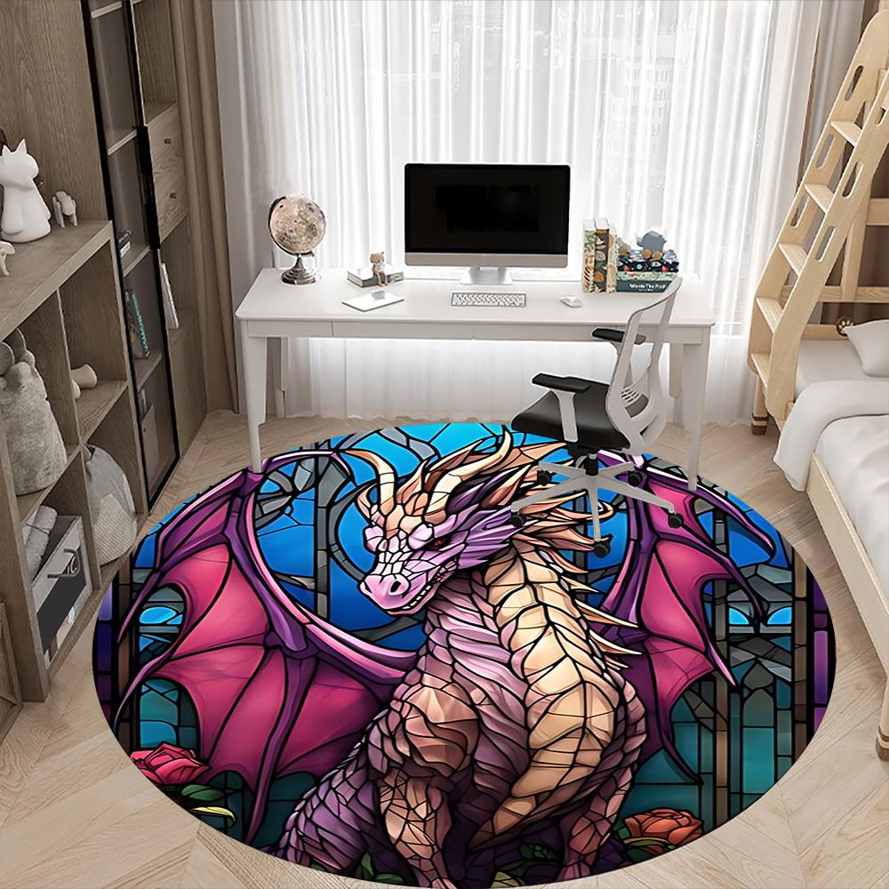 1PC StainedGlass Dragon Office Round Area Rug, Indoor Mat Suitable ForOffice, Under Office Chairs Bedroom Living Room Home Decor, Room Deco,  F033