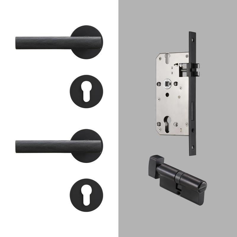 Dooroom Brass Knurled Door Lock Set Modern Gold Black Interior Bedroom Bathroom Double Wood Door Lever Set Dummy Handle Knob