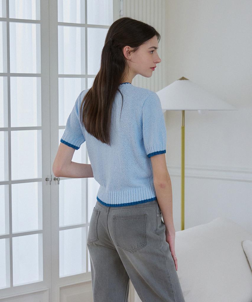 Deuloupisumeon Line Color Block Boucle Short Sleeve Knit [Sky Blue]