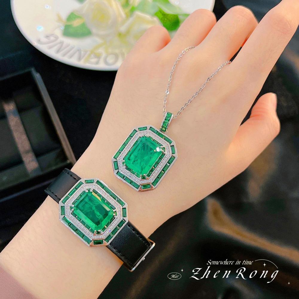 Luxury Green Diamond Watch Bracelet and Emerald Pendant Necklace Set for Women Crystal Jewelry
