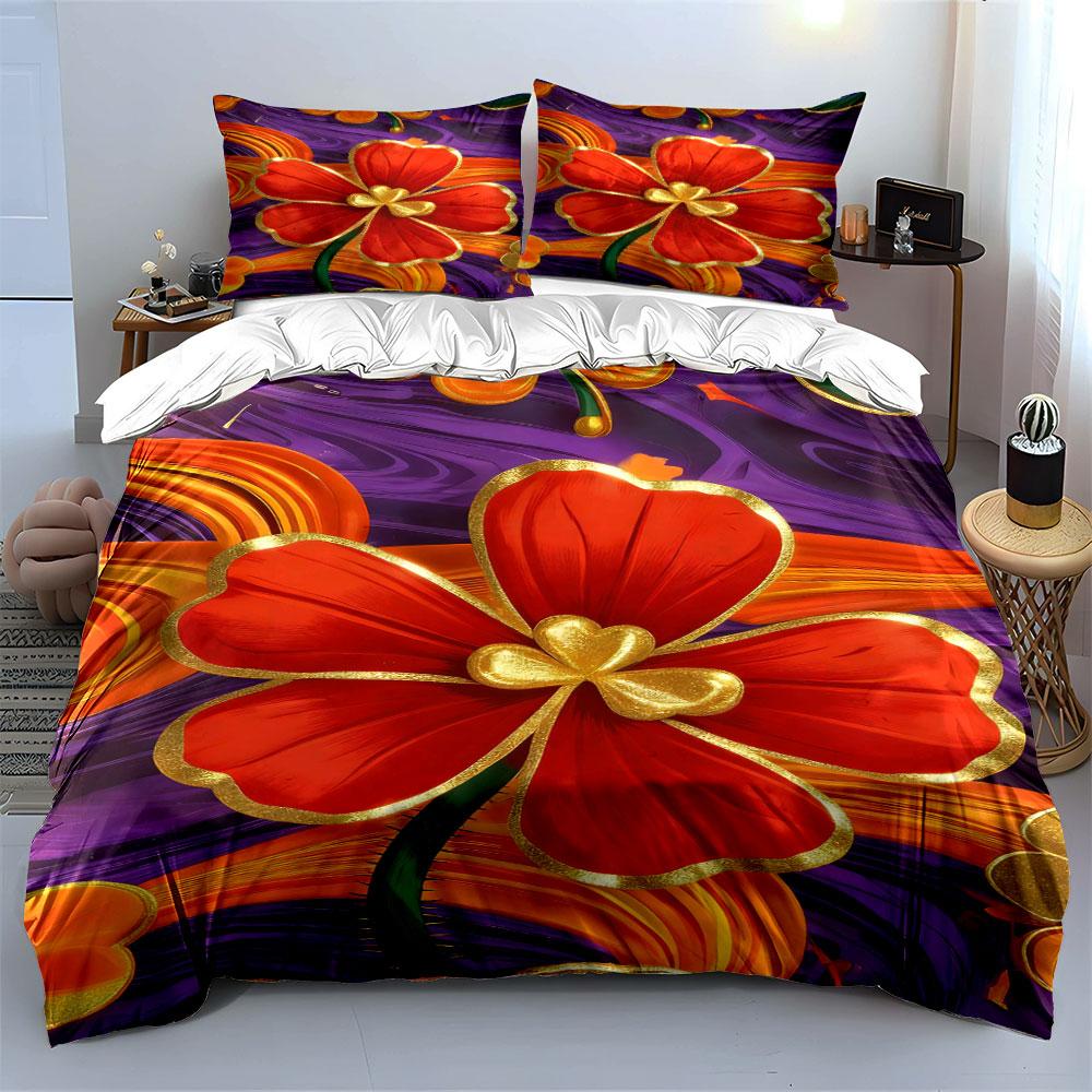 Red flowers with gold. Bedding sets Duvet cover sets Duvet covers Pillowcases(1 * Duvet Cover 2 * Pillowcases without duvet insert)