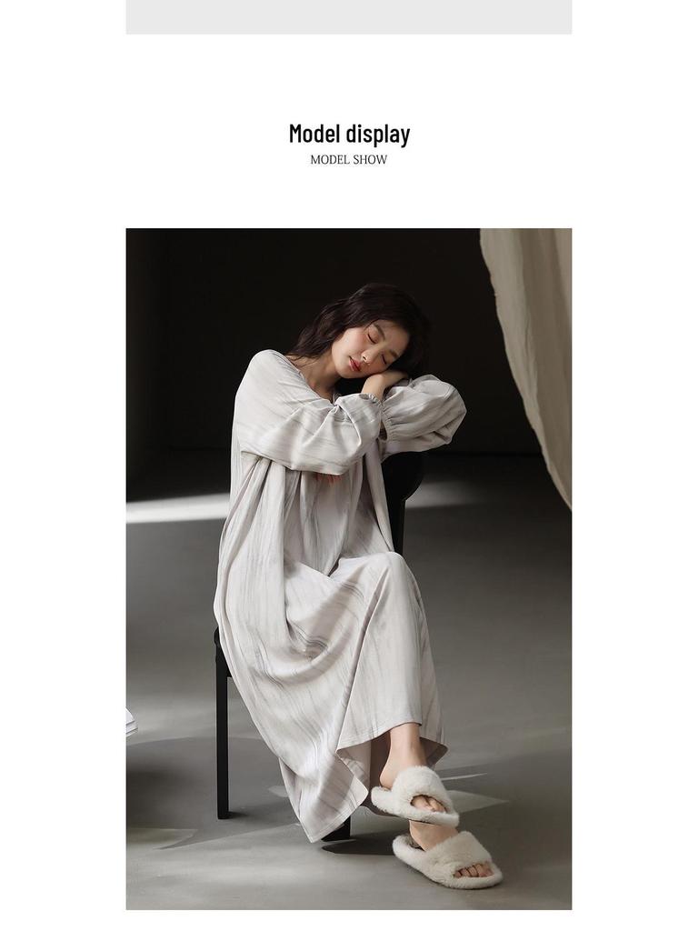 Caini Damska bawełniana koszula nocna z długim rękawem i wkładką na biust - Bardzo długa, luźny krój na wiosnę i jesień