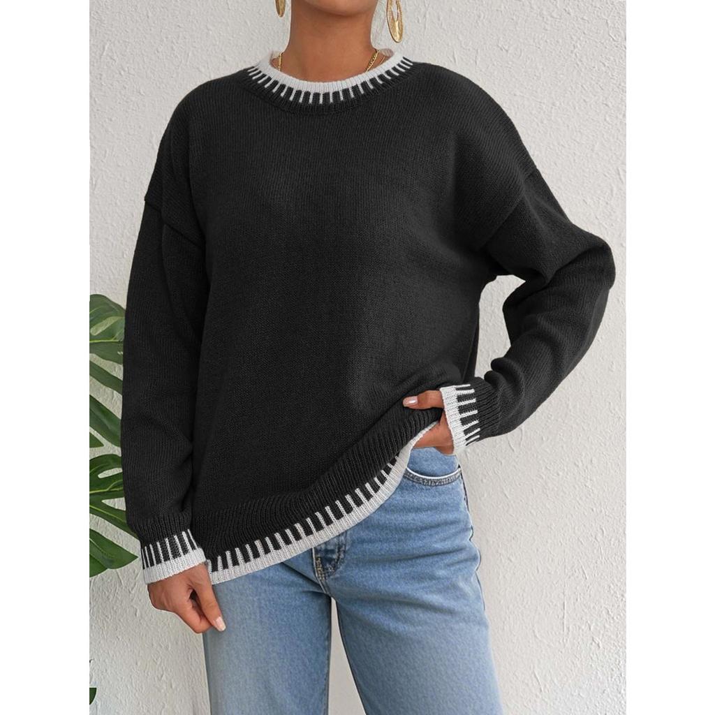 Fall Winter New Women Loose Color Block Patchwork Casual Pullover Sweater, European & American Style Ladies Top