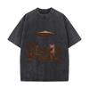 Retro UFO Cat Desert Cactus Wild West Graphic Distressed Faded Baggy Streetwear Tops for Park Hangouts