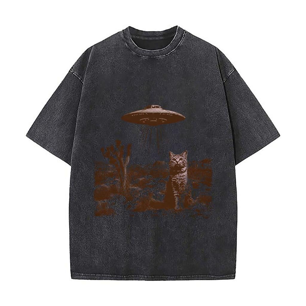 Retro UFO Cat Desert Cactus Wild West Graphic Distressed Faded Baggy Streetwear Tops for Park Hangouts