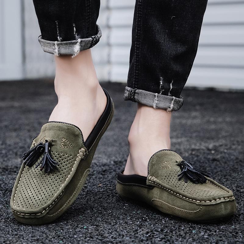 2025 Summer Plus Size Suede Leather Half Shoes For Men Loafers Slippers Mules Men Semi-Drag Casual Shoes Slip On Flat Sandals