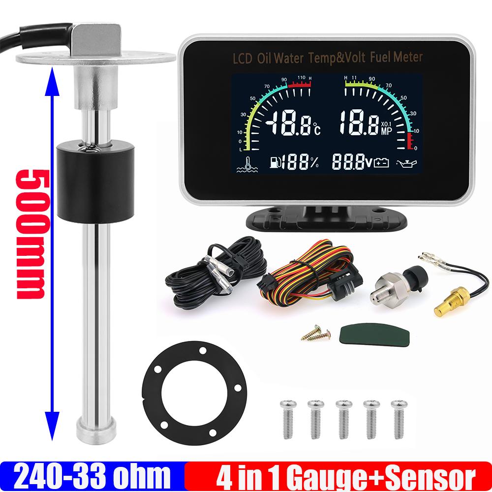 240-33 ohm Fuel Level Sensor 100-500mm 4 IN 1 Gauge with Alarm Fuel Level Gauge+Water Temp+Oil Press+Volt for Car Truck 12V 24V