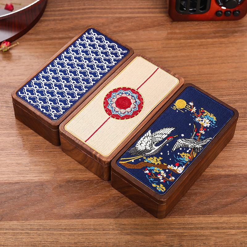 HeMu Magnetic Closure Embroidered Wooden Jewelry Box, Portable Mini Organizer for Rings, Earrings, Necklaces and Bracelets