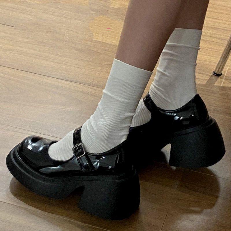 Black thick heel high heels 2025 new design niche Mary Jane women's shoes platform height increase JK small leather shoes spring and autumn