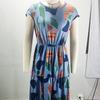 Women Summer Short Sleeve Round Collar Color Block Printed One Piece Dress
