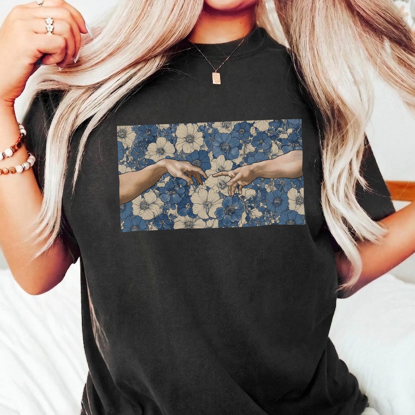 Creation of Adam Floral Shirt, Renaissance Art Blue Botanical Tee 2XL