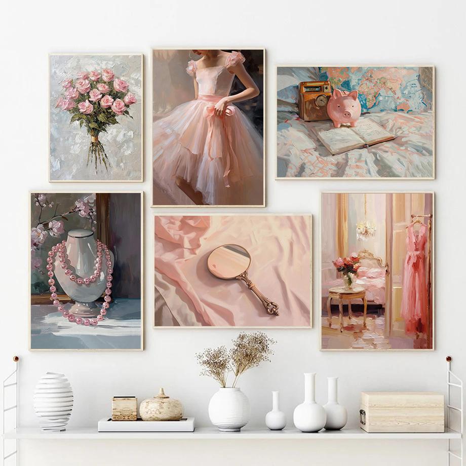 Pink Vintage Preppy Ballet Female Fashion Art Posters Prints Canvas Painting Wall Art Picture Living Room Home Decor