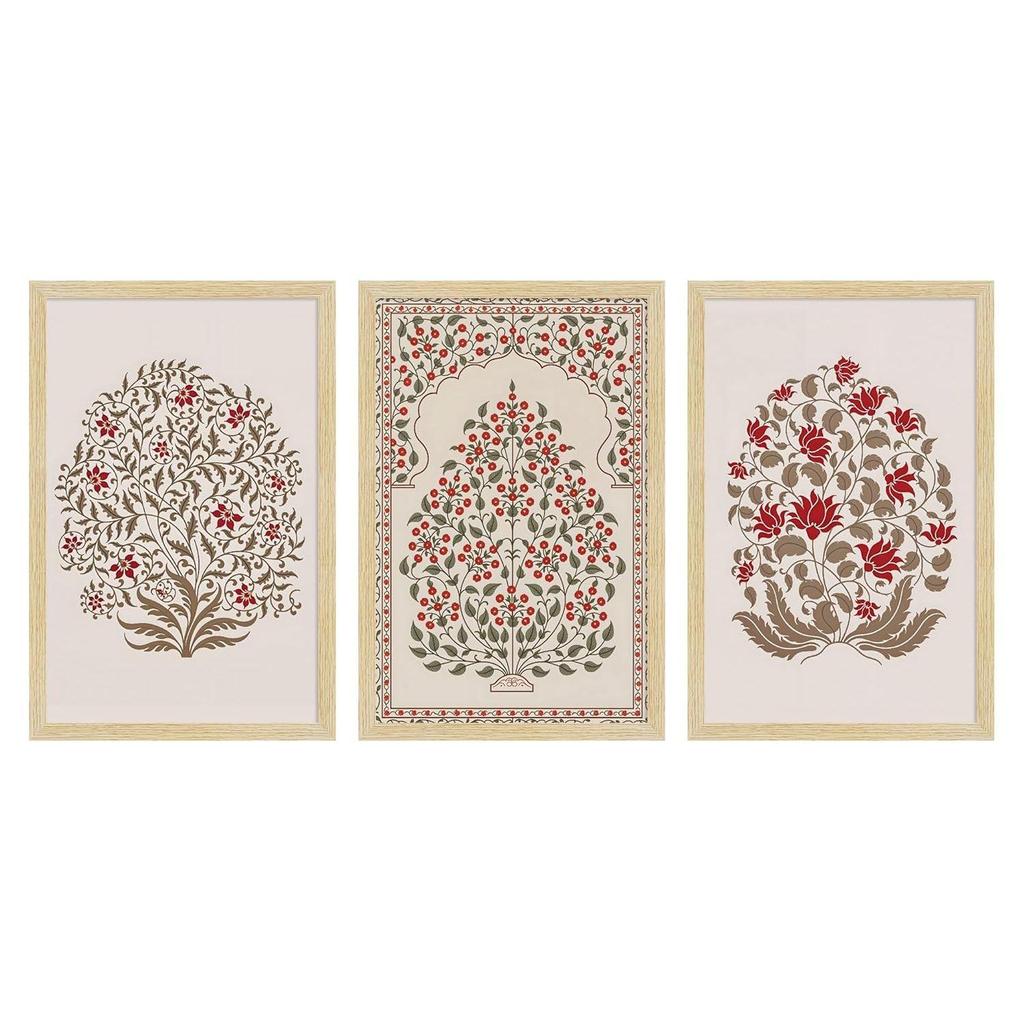 ArtX Paper Madhubani Floral Paintings with Frame for Home Decor Wall Art, Wall Paintings for Living Room, Multicolor, Natural Wood Color Frames