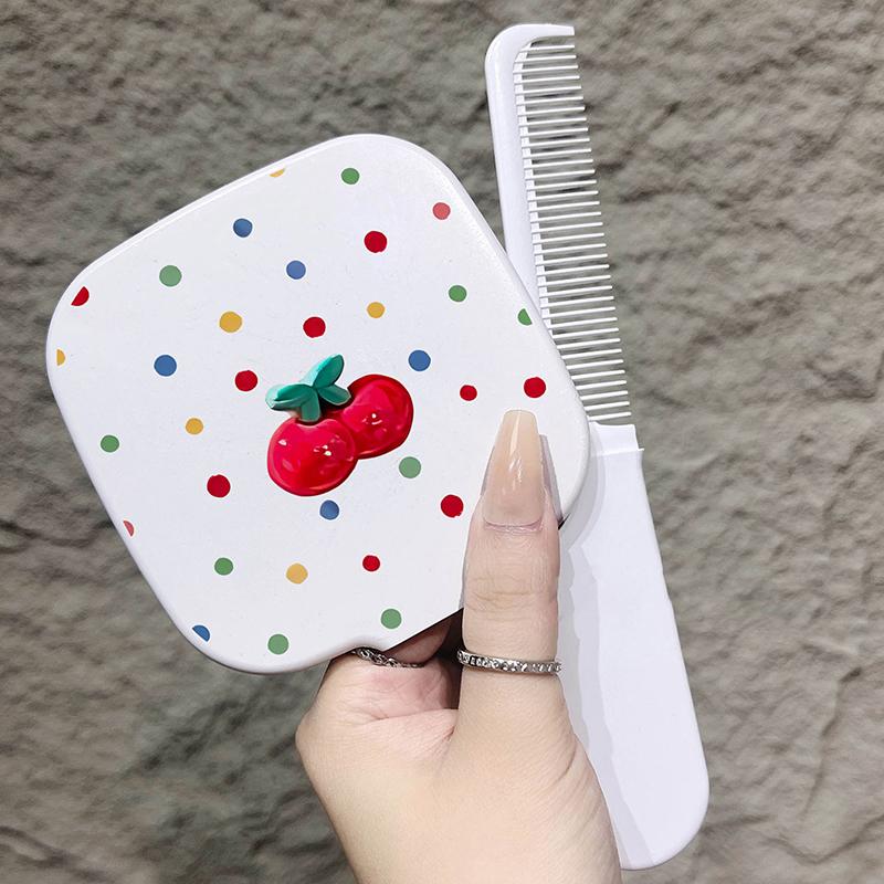 Espelho & Pente Portátil Fofo com Extrato de Cereja Desenho Animado Fofo Pente de Cabelo Presente para Meninas Ferramentas de Maquiagem de Viagem
