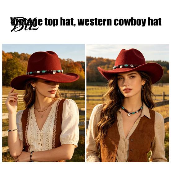 Large Brim Face Slimming Hat Wool Felt Fedora, Unisex Western Cowboy Hat, Retro Wide Classic Headgear Cowgirl Jazz for Women Men Autumn Winter