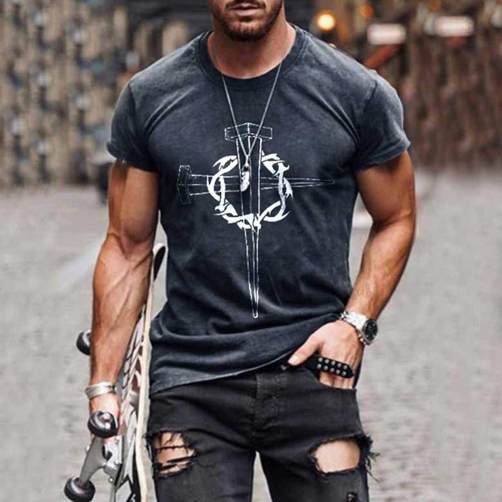 Men's Street Fashion Cross Belief Printed Round Collar Short Sleeve T Sleeve