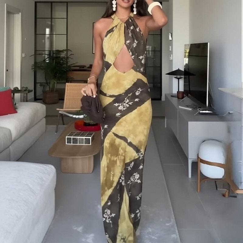 women's spring new models, cross-border European and American hot-selling, sexy and elegant neck-hanging off-the-shoulder navel slim-fitting dress