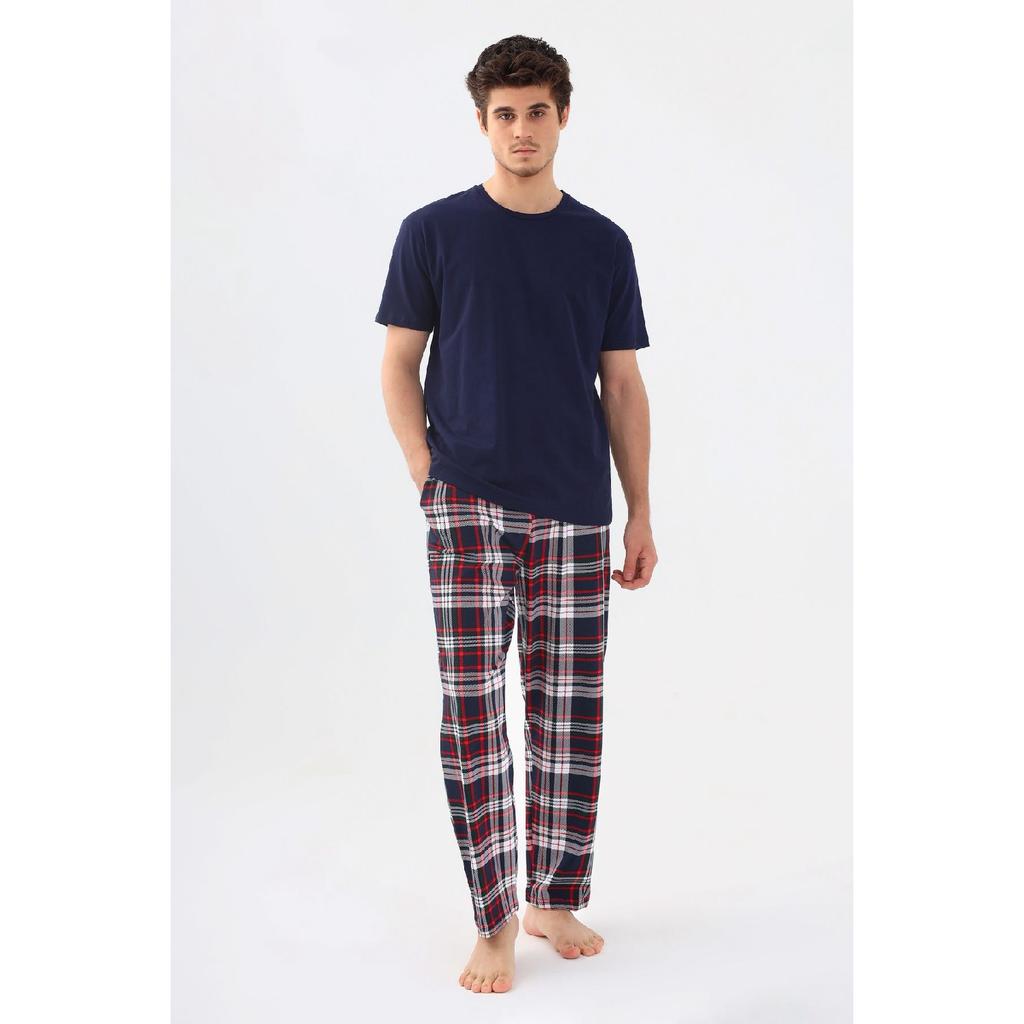 Men's Short Sleeve Plaid Patterned Cotton Pajama Set