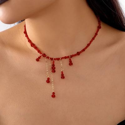 Vintage Y2K Red Crystal Bead Tassel Pendant Choker Necklaces for Women Handmade Black Bat Necklaces Party Jewelry Accessories