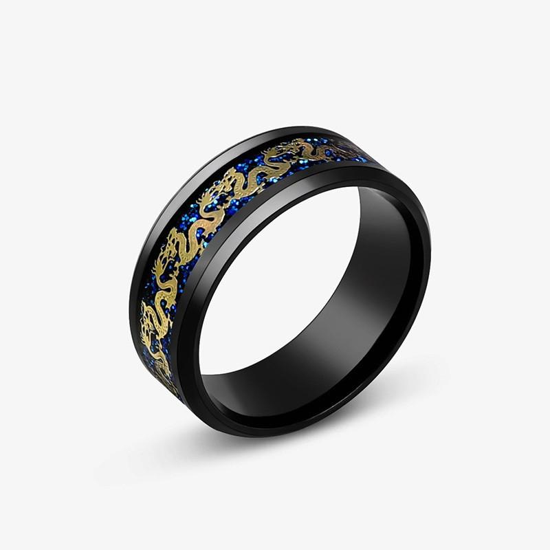 8mm Stainless Steel Domineering Dragon Pattern Rings for Men Women Punk Inlaid Blue Carbon Fibre Ring bagues pour femme