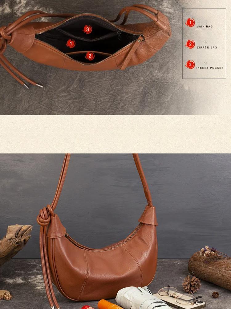 Johnature Genuine Leather Moon Bag Casual Solid Color Commuting Large Capacity Soft Cowhide Women's Shoulder Bags