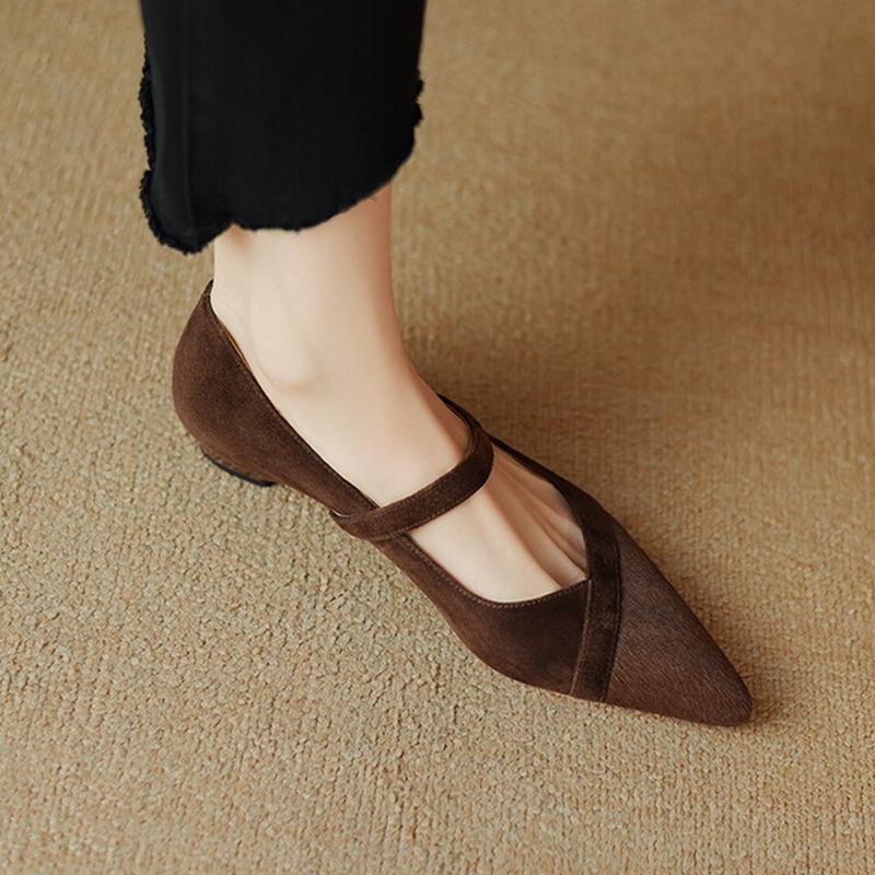 Fashion NEW Spring Women Pumps Horsehair Shoes for Women Pointed Toe Chunky Heel Shoes Elegant Mary Janes Low Heel Sheep Suede Shoes