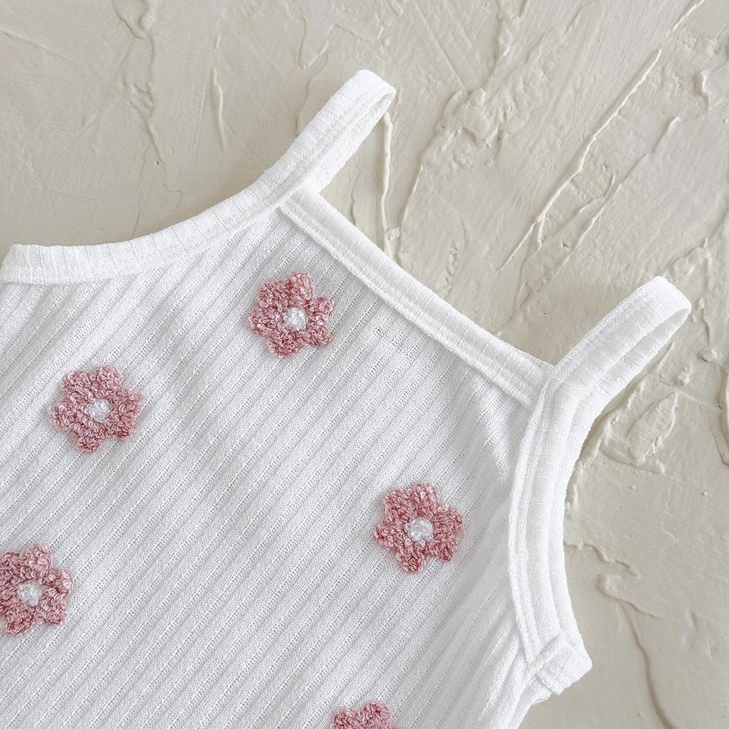 Baby Girl Floral Embroidered Strappy Romper - Breathable Summer Bodysuit with Comfortable Square Neck