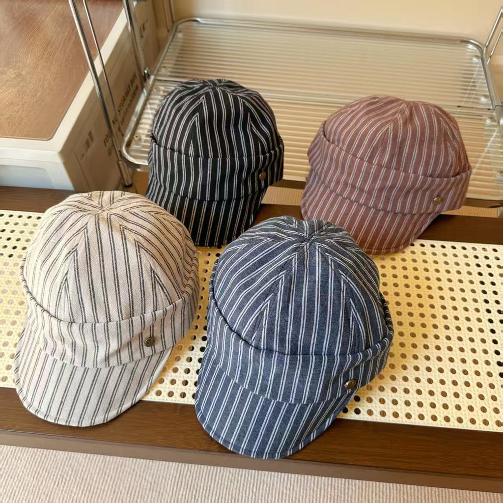 Retro Fashion Striped Soft Top Cap Female Spring and Autumn Literary and Artistic Face Small Light Breathable Sunshade Baseball Cap