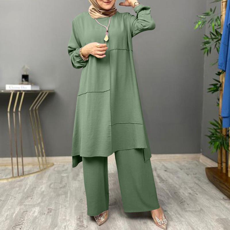 Muslim Women's Urban Sportswear: Elegant Puff Sleeve Shirt & Wide Leg Pants Set