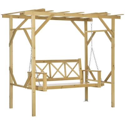 Swing Bench with Pergola, for 2 People, Height-adjustable, Solid Wood Frame, 2.21 X 1.40 X 1.96 M