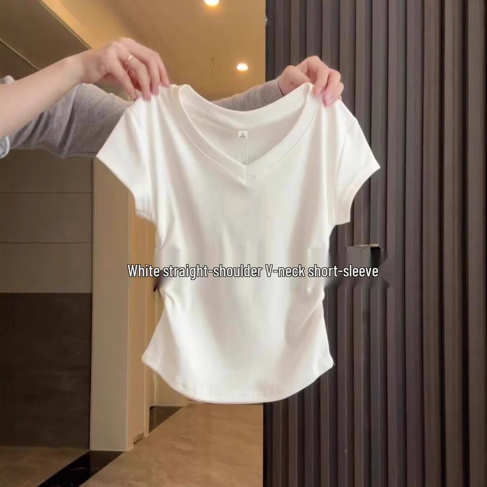 IZNK Women's Slim Fit V-Neck Pleated T-Shirt - Short-Sleeved, Summer 2025 Edition