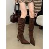 Big Boots, Fashionable Pointed Piled Boots, Pleated Thin High Heels, High Boots, Thin Boots, But Knee Boots