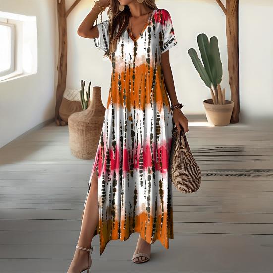 Dámské letní šaty s výstřihem do V, krátkým rukávem, designem s bočním rozparkem, maxi šaty s potiskem tie-dye, volného střihu, ležérní šaty