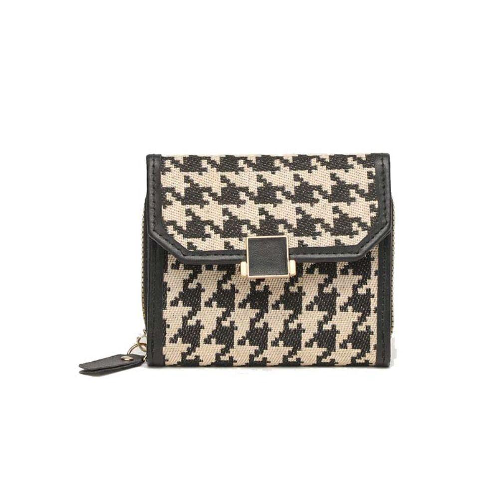 

Korean Style 2 in 1 Card Bag Multi-card Slot Zipper Coin Purse Houndstooth Short Wallet Women чёрный