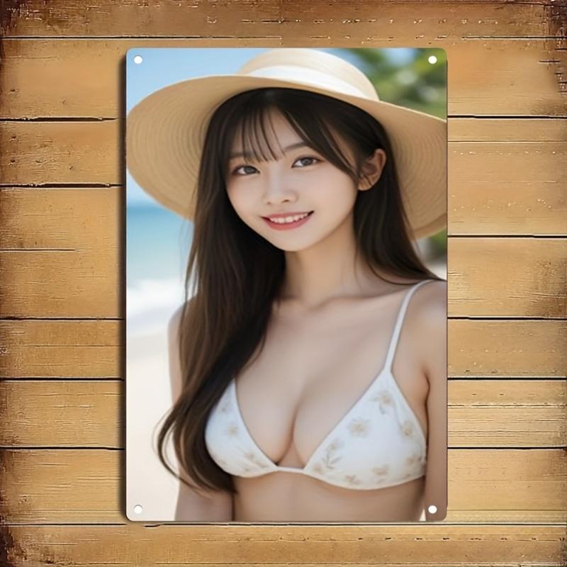 Vintage Floral Bikini Strand Frau Metallschild - 2D Flacheisen Wandkunst für Café Bar Heimdekor
