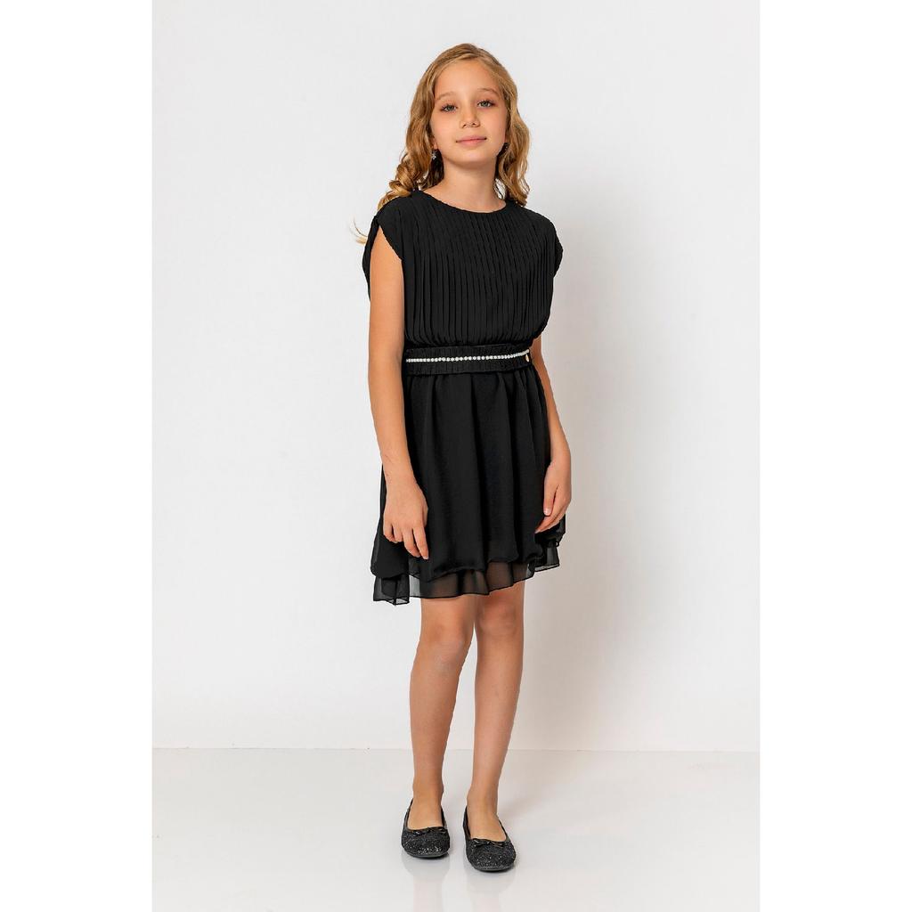 Girl's Round Neck Belted Pleated Dress
