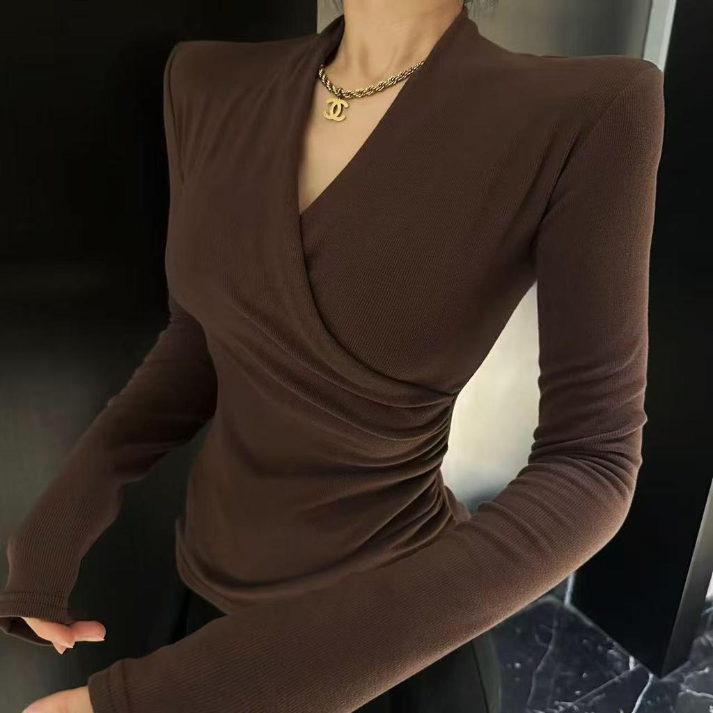 2025 Herbst/Winter Thermisches V-Ausschnitt Schlankmachendes Langarm Koreanisches Mode-T-Shirt für Damen
