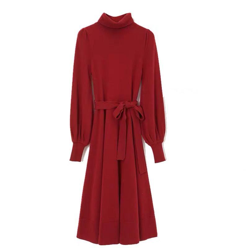 Pletené dlouhé šaty s polovičním rolákem pro podzimní a zimní dámské nošení, svetrové šaty ke kolenům, svetrové šaty střední délky se stahováním v pase, svetr