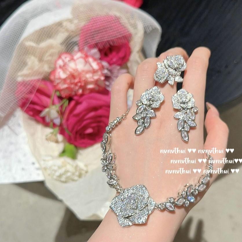 Colar de Pedra Rosa de Damasco, Felicidade de Mulher Rica, Banhado a Ouro 18K, Brincos de Zircônia Rosa Videira.