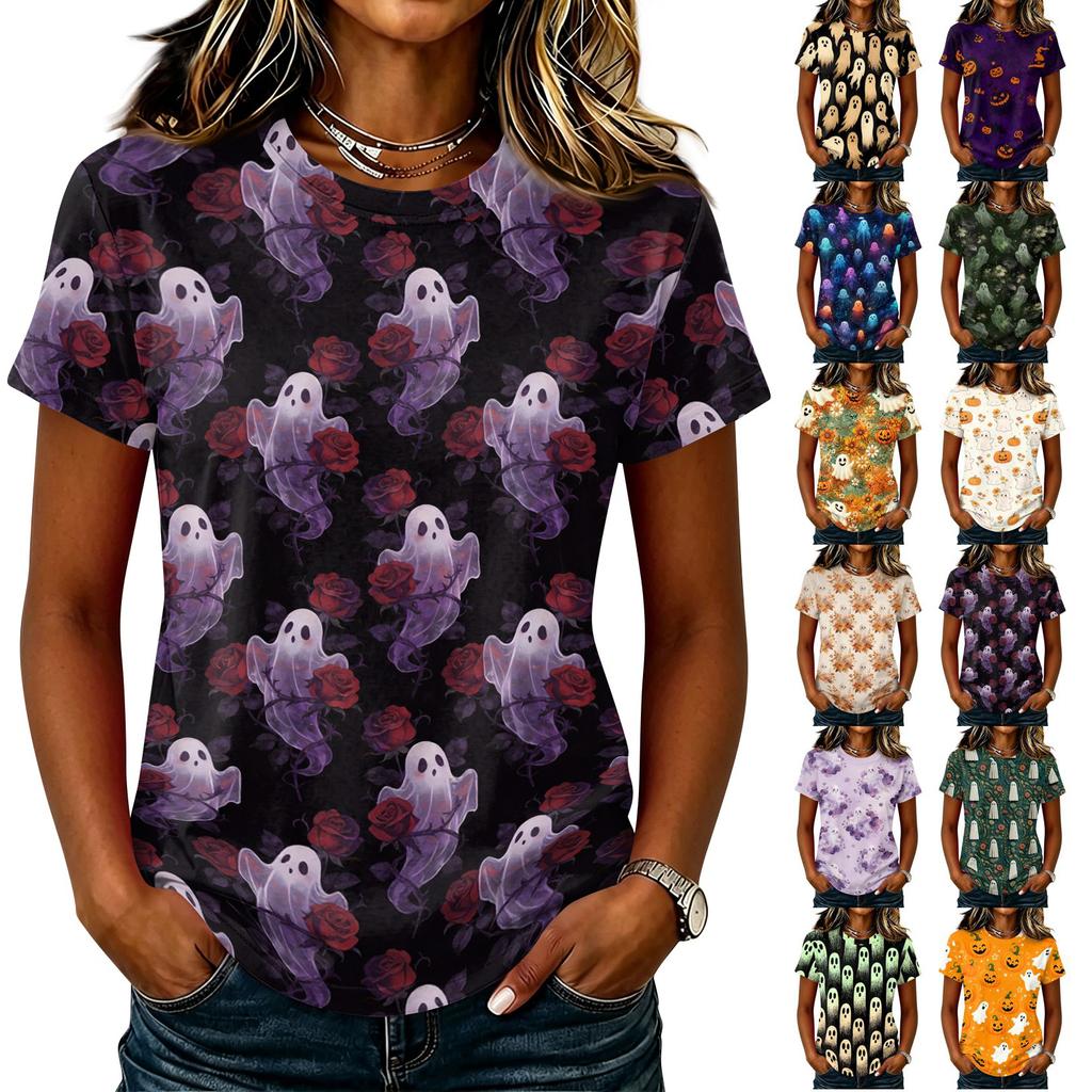 Women's Casual Short Sleeve Round Neck Pullover T-Shirt with Halloween Print