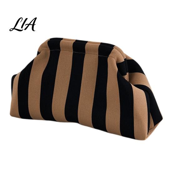 Portable Small Organizer for Purse Snap Shut Makeup Bag, Striped Knitted Clutch Pouch, Stylish Toiletry Bag Wide Open Cosmetic Pouch Brushes