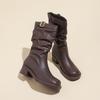 Autumn/Winter Western Retro Women's Pleated Mid-Calf Boots with Thick Heels In Popular Style.