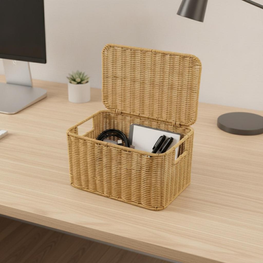 Wicker Storage Basket with Lid Rectangular Woven Space-Saving