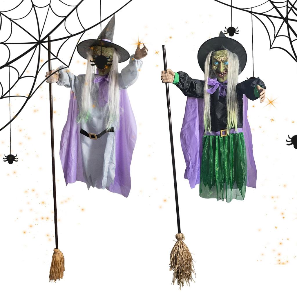 Halloweenová létající čarodějnice Dekorace létající čarodějnice s děsivými zvuky a světly Velká vznášející se čarodějnice Rekvizita se svítícíma očima