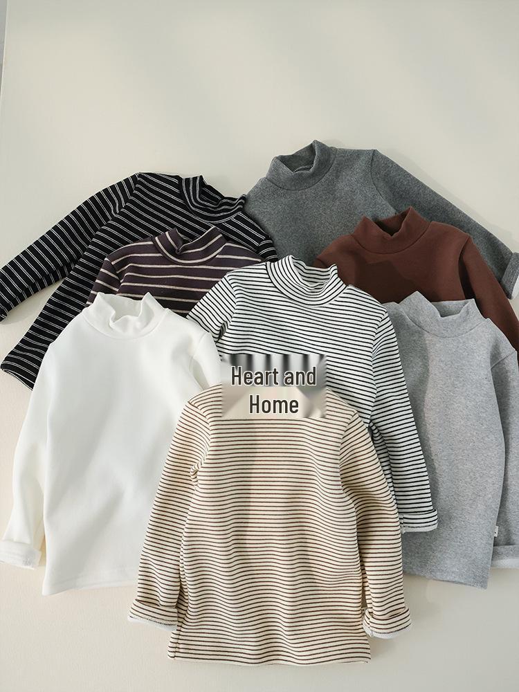 Kids' Winter Striped Velvet-Enhanced Thick Warm High-Collar Long-Sleeve T-Shirt