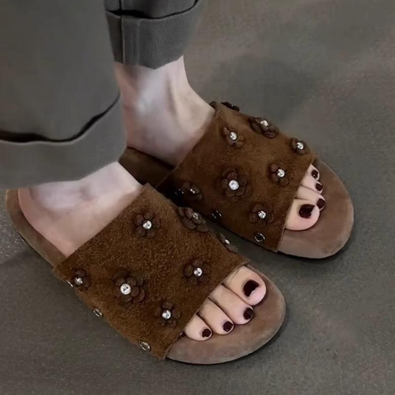 Sheepskin Version~ Fashion Retro Niche Rhinestone Flower Matte Suede One-word Drag Women's Comfortable Cool Slippers