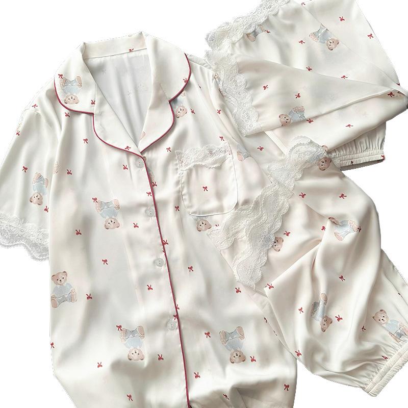Sweet Princess Wind Bear Print Can Be Worn Outside Short-Sleeved Pajamas Loungewear Three-Piece Set