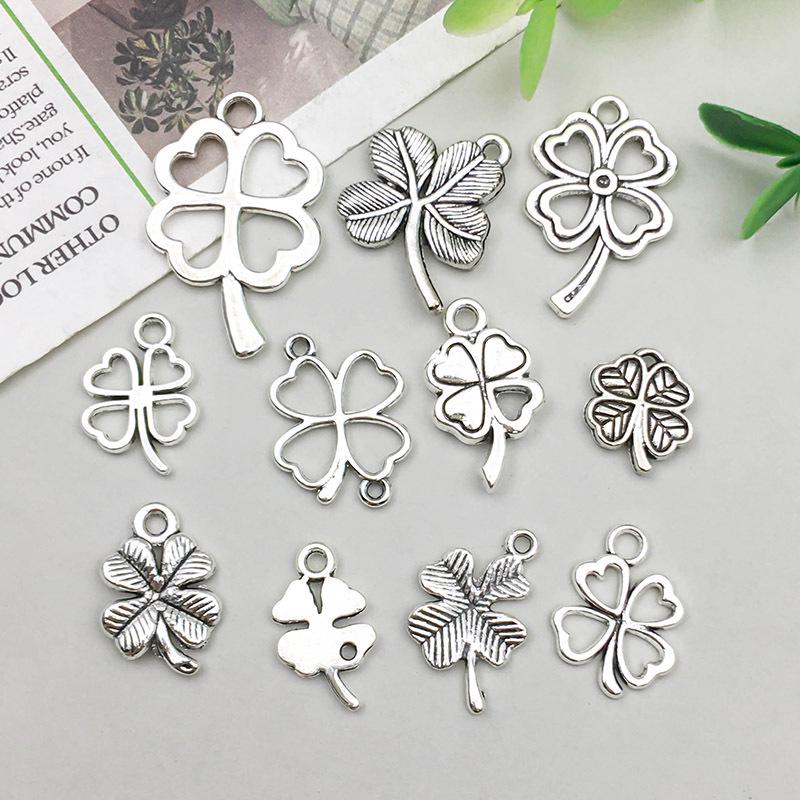 Antique Silver Alloy Four-Leaf Clover Pendant Charm for DIY Jewelry Making